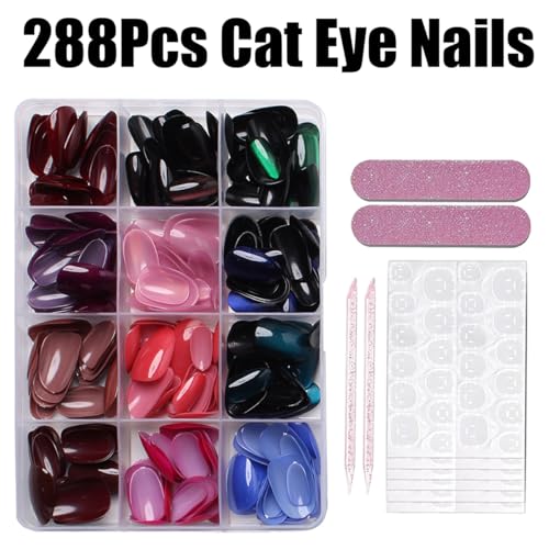 288Pcs Cat Eye Press on Nails Short Almond Fake Nails 12 Color Glitter False Nails Shiny Acrylic Glossy Glue on Nails Gradient Stick on Nail for Women Manicure - color: Style 12