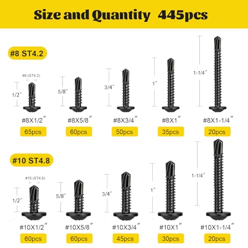170Pcs #8#10 Modified Truss Head Self Tapping Sheet Metal Screws Kit - size: 445pcs #8#10 Black