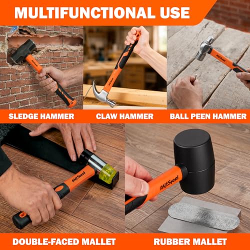 AV Steel 5-Pack Mallet Hammer Set - 32oz Rubber Mallet, 33mm Double-Faced Mallet, 16oz Claw Hammer, 16oz Ball Peen Hammer & 3lb Sledge and Gloves for DIY and Home Repair