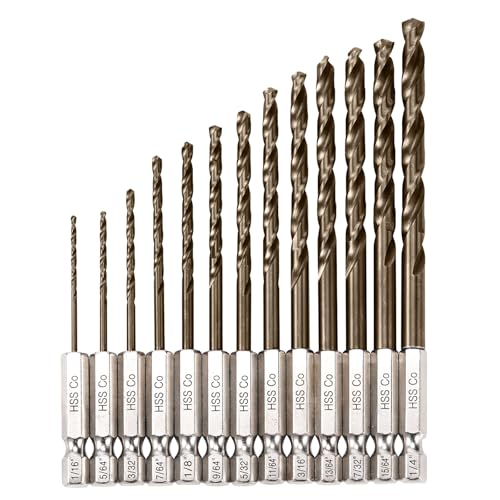 Hex Shank Cobalt Drill Bit Set for Metal and Hardened Steel, 13Pcs 1/16"-1/4" M35 HSS Twist Drill Bits for Impact Driver, with Index Holder - size: 13pcs 1/16-1/4