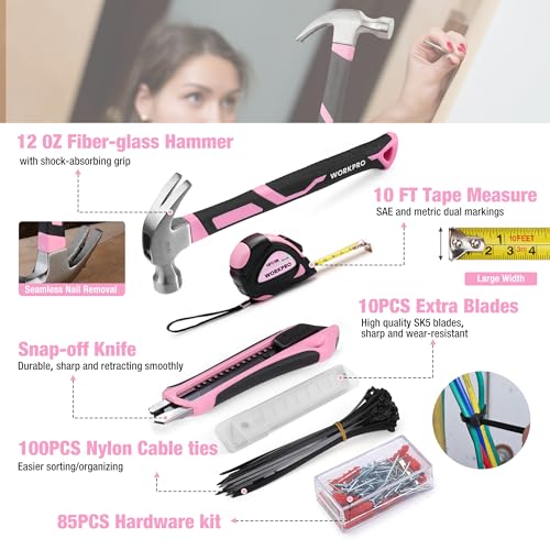 WORKPRO 284PCS Pink Tool Set, Portable Home Basic Tool Kit Box for Women
