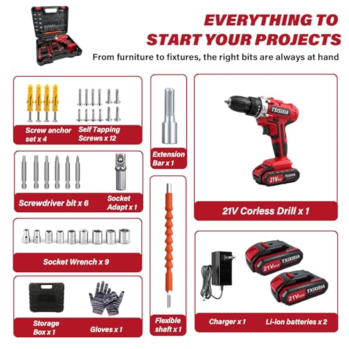 Power Drill Driver 21V, 45Nm Cordless Drill Set with 2 Batteries and Charger, 39pcs Screw Accessories, 354 in-lbs Electric Screwdriver, Electric Drill for Women, Men, Home performance, DIY (Red)