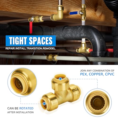 SUNGATOR 1/2 Inch Tee, Push Pex Tee Fittings 1/2 Inch, Brass, 12-Pack - color: Brass Tee, 12 Pack, size: 1/2 Inch