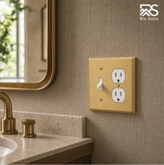 Rio Salto BRASS Light Switch Cover Toggle Duplex Combination Wall Plate Flip Switch Receptacle Brushed Brass Gold Metal Outlet Covers Decorative — Deco Collection, Standard 4.56" x 4.50" - color: Combo Toggle / Duplex (1-Pack)