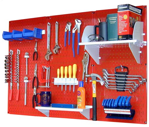 Wall Control 4 ft Metal Pegboard Standard Tool Storage Kit with Red Toolboard and White Accessories - color: Red