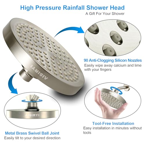 6" Rain Shower Head & 6" Shower Arm, Luxury Brushed Nickel Finish - color: Brushed Nickel, size: 6 Inch Round (1 PCS + Shower Arm)
