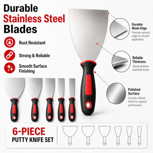 Black Canyon 6-Piece Flexible Putty Knife Set, Stainless Steel Drywall Spackle Knife Set for Patching, Skim Coating & Finishing, Professional Spreading Tools 1.25"–6" Wide Blades