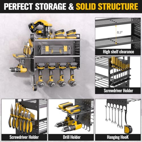 16.5" W Power Tool Organizer Wall Mount, 3-Layer,6 Drill Holders - color: Black, size: 6 Drills Holder-3 Layers