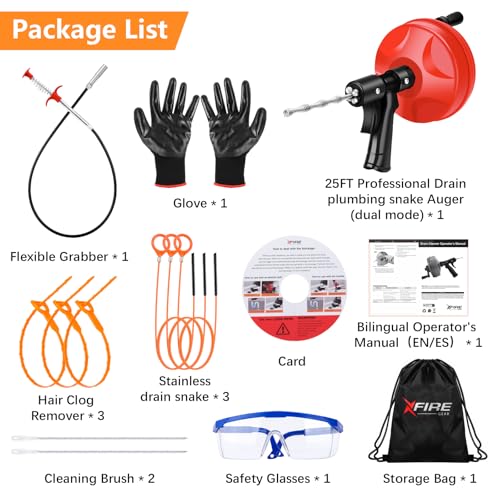 25 FT Double Mode Drain Snake Tools, 14-in-1 Drain Auger【Upgraded】 | for Sink and Drain Unblocking, Plumbing Snake for Kitchen, Bathrom and Shower Sink, Drain Clog Remover for Real DYIs - color: 25FT-Red&Black