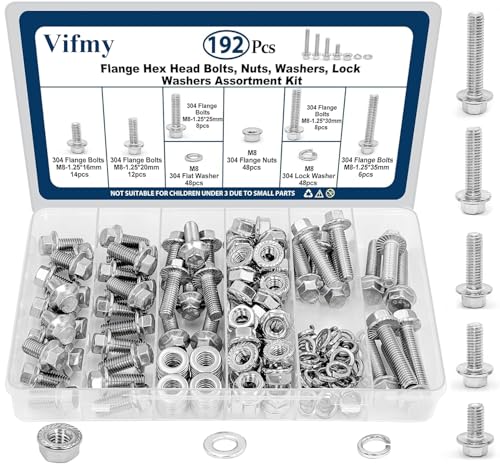 M8-1.25 Flange Bolt & Nut (16/20/25/30/35mm) Kit Stainless 192Pcs - size: SS Metric M8