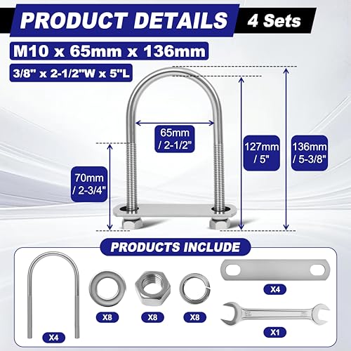 4 Sets M10 U Bolts 2-1/2 Inch Wide, 3/8" x 2-1/2"W x 5" L - size: M10 x 65mm x 136mm
