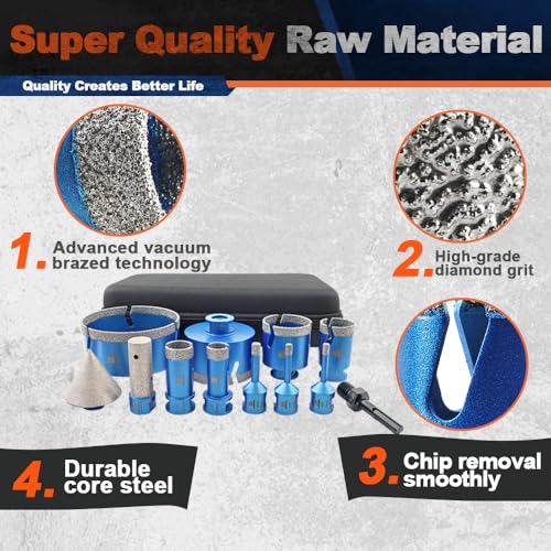 Diamond Core Drill Bit Set - 6/6/8/20/25/35/50/75/100mm Tile Hole Saw Kit for Porcelain Tile Ceramic Marble Granite 4/5”&2“Finger Chamfer Bit