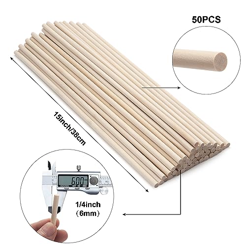 Wood Dowel Rods Wooden Dowels for Crafts, 50 PCS 1/4 x 15 Wooden Sticks for Crafts, Round Macrame Dowels, Unfinished Small Wood Sticks for Crafting, Lollipops, Tiered Cake, Photo Booth Props - size: 1/4"×15"-50PCS
