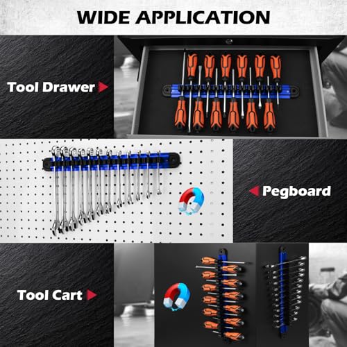 Magnetic Screwdriver Organizer and Wrench Organizer, 14-Slot Screwdriver and Wrench Holder, Magnetic Aluminum Rail Tool Organizer for Tool Box Drawer Wall-Mount Storage, Blue (Tools not Included) - style: 1-Pack Blue (14-Slot)
