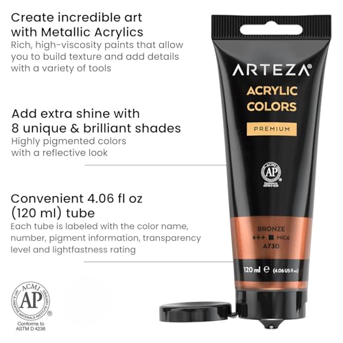 ARTEZA Metallic Acrylic Paint, 8 Metallic Colors in 4.06 ounce Tubes, Artist Paints for Hobby Painters, Art Supplies for Canvas Painting - style: 8 x 120ml (4.06 fl oz) Metallic