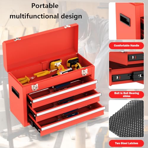 3 Drawer Metal Tool Box, Portable Metal Tool Box with EVC Liners and Latches Closure, Heavy Duty Steel Tool Chest with Ball Bearing Opening and Powder Coated Finish, Red - color: Red