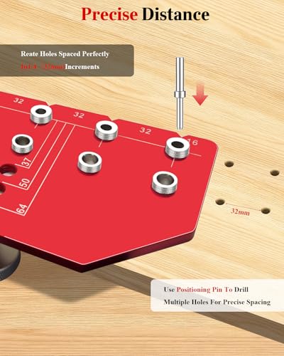TANYO 11-Hole Shelf Pin Jig, 1/4" & 5mm Drill Bits, Cabinet Hardware | ﻿Aluminum Shelf Jig, Self-contained Clamping Function, Cabinet Hardware Jig Woodworking Tool Drill Guide - color: Scarlet, size: 11 Hole