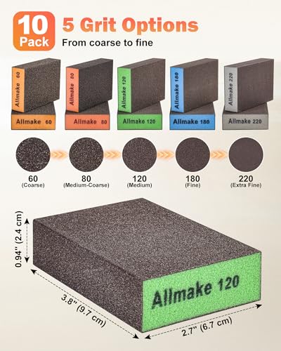10 Pack Sanding Sponge, Washable and Reusable Sanding Block, Wet or Dry Use