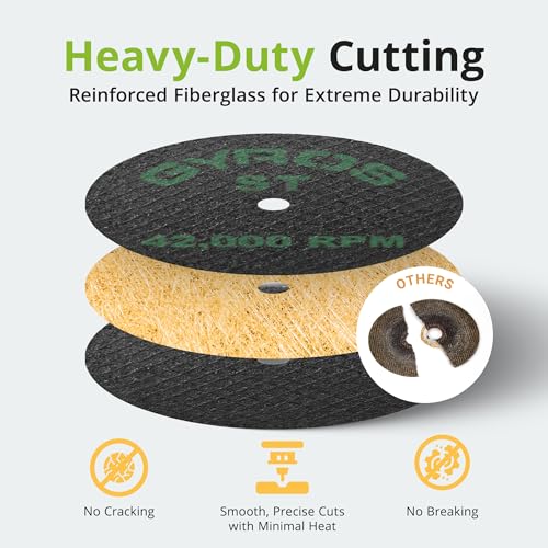 GYROS 1.75” Mini Resin Cut-Off Wheels for Rotary Tools, 12 Double Fiberglass Reinforced Cutting Discs, ST Materials Like Titanium, Carbon; Dremel Cutting Tool Accessory. Made in USA 11-41702/12 - size: 1.75 inches (12 pcs)