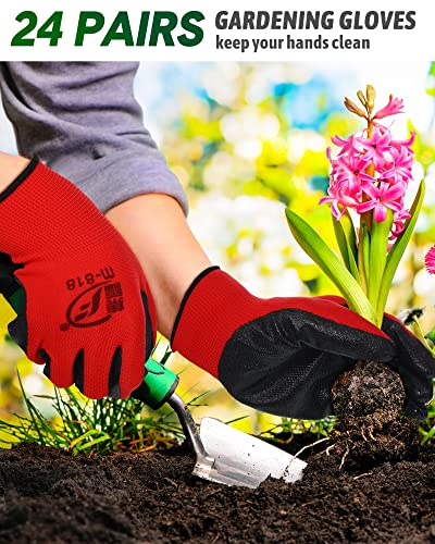 Nuogo 24 Pairs Gardening Gloves for Men Women Rubber Coated Landscaping Work Gloves Safety Work Construction - color: Black, Red