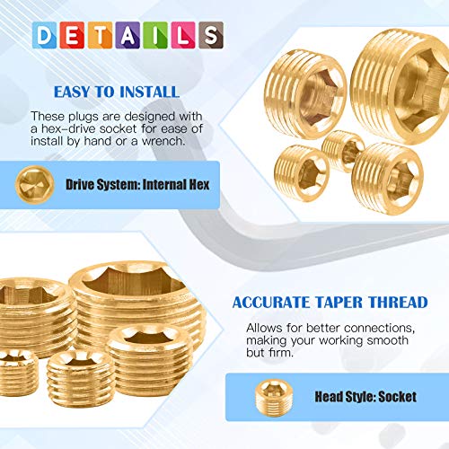 Glarks 30Pcs Brass 1/8'' 1/4'' 3/8'' 1/2'' 3/4'' NPT Male Pipe Plug Fitting Set Internal Hex Thread Socket Pipe Plug Assortment Kit - size: 1/8''-3/4''NPT Assorted