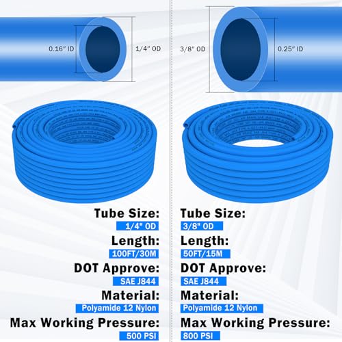 CheeMuii 76 Pcs Brass DOT Air Line Fittings with 1/4" & 3/8" DOT Air Hoses - size: 2ROLL-80PCS-BLUE