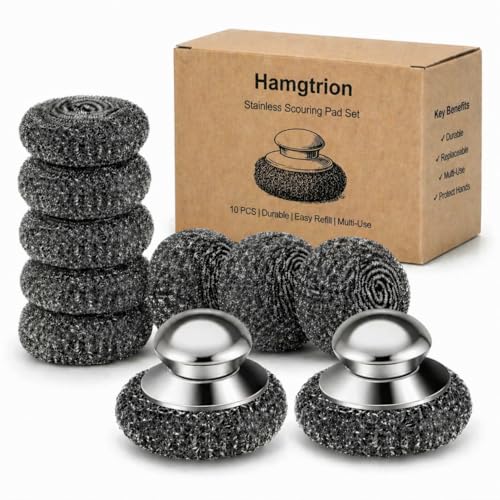 Steel Wool Scrubber, 10-Pack Stainless Steel Scrubber Pads with Handle - The Ultimate Scouring Solution for Rust, Stubborn Messes on Cookware, Grill, Oven & Kitchen Sinks - size: 2 Handle+8 Pads