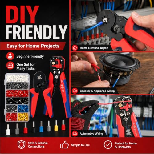 Ferrule Crimping Tool Kit, Square Crimping Plier + Automatic Wire Stripper, 2000PCS Ferrule Terminal Connectors 8 Sizes, for 0.5‑10mm² Electrical Wire, Professional Crimper Set for DIY and Electrician