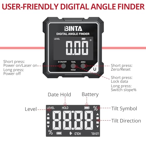 BINTA Digital Angle Finder with Laser, 4-side Magnetic Angle Gauge Black - color: Black and Grey