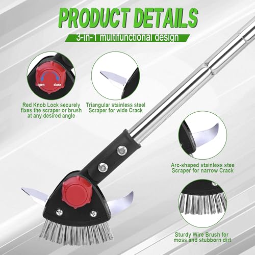 BARAYSTUS Crack Weeder Long Handle 3-in-1 Adjustable Crevice Cleaning Tool with Stainless Steel Weed Brush with 2 Scrapers Weed Puller Tool for Driveway, Patio Sidewalk to Remove Moss Weeds Dirt