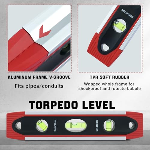 MELOTOUGH 9 Inch Torpedo Level Magnetic,Small Leveler Tool,Spirit Level with 45/90/180 Bubbles,V-Groove,Shock Resistant Leveler,Red - color: Red-1pcs