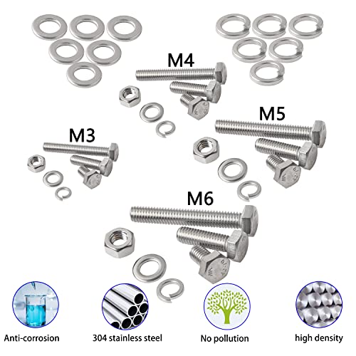 newlng M3 M4 M5 M6 Bolts and Nuts Flat and Lock Washers Assortment Kit 520 PCS Metric 304 Stainless Steel Hex Head Cap Screws Bolts and Nuts Assortment Set Fasteners Bolts Kit with Combination Box - size: F-M3456