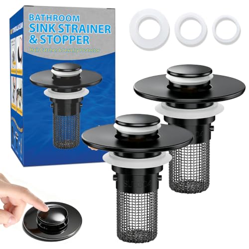 Bathroom Sink Drain Strainer, Pop-Up Bathroom Sink Stopper with Removable Stainless Steel Hair Catcher Basket, Universal Fit for US Bathroom Sinks, Showers & Floor Drains (2pcs-Black) - color: 2pcs-black