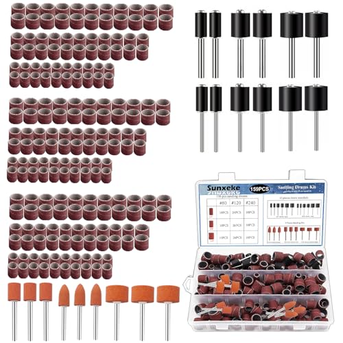 Sanding Drum Set for Most Rotary Tools-Includes 138 Aluminum Oxide Drum Sander Sanding Sleeves (80,120,240 Grit),12 Drum Mandrels and 9 Sanding Bits,Sanding Bits Tool Accessories with Box - color: 159pcs-3 Styles