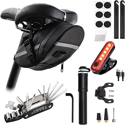 Bike Repair Tool Kit with Mini Bicycle Pump,16-in-1 Bike Multitool, Portable Bicycle Flat Tire Repair Kit for Road MTB EBikes, Bike Emergency Repair Kit, Saddle Bag with Tail Light - style: Repair Set with Mini Pump