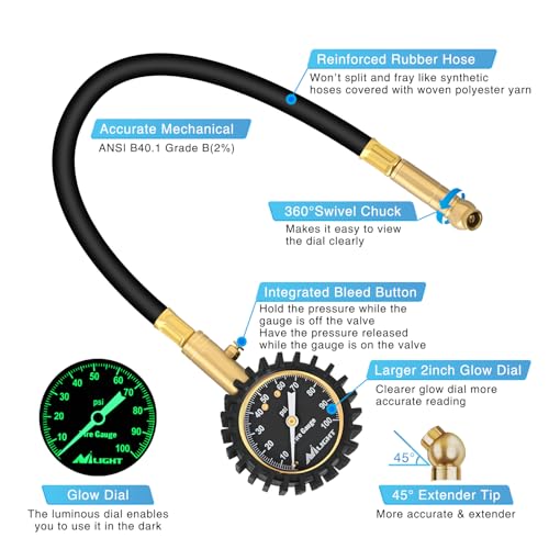 Nilight 100PSI Tire Pressure Gauge Glow Dial 14" Extended Hose - color: Night Glow Tire Gauge