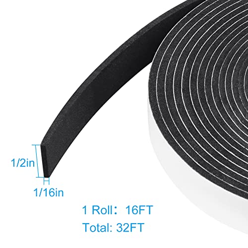 Seal Foam Tape,1/2 Inch W x 1/16 Inch T Weather Stripping for Door and Window, High Density Single Sided Closed Cell Door Insulation Weather Strip,2 Rolls 16FT Long Each - size: 1/2''W x 1/16''T x 32FT