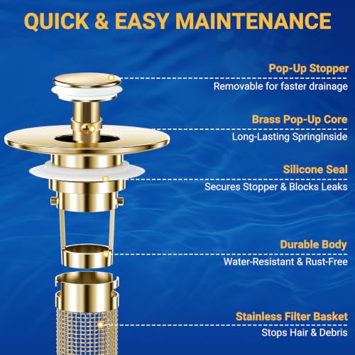 Bathroom Sink Drain Strainer, Pop-Up Bathroom Sink Stopper with Removable Stainless Steel Hair Catcher Basket, Universal Fit for US Bathroom Sinks, Showers & Floor Drains (1pcs-Gold) - color: 1pcs-gold