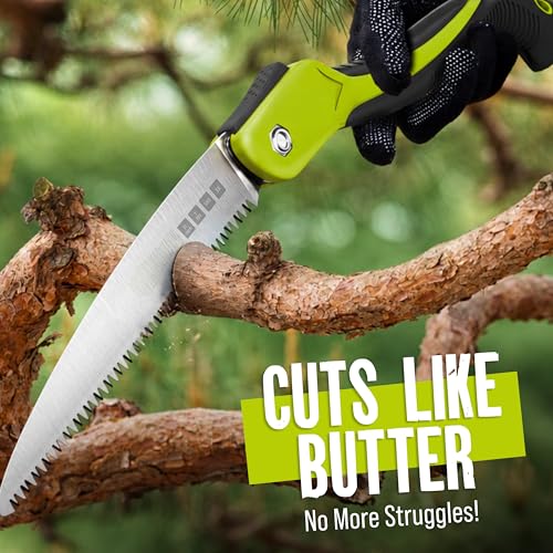 Folding Camping saw 11 Inch - Heavy Duty Pruning Saw with Triple-Cut SK5 Blade, 7 TPI Razor Teeth for Tree Trimming, Wood Cutting, Camping, Bushcraft, and Gardening - size: 11 INCH (Lime Green)