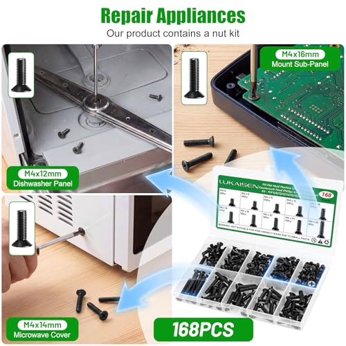 168 Pcs Black M4 Flat Head Machine Screws Kit for Switch Boxes | 10 Metric Sizes (M4 x 6mm to 30mm), Carbon Steel Black Screws for Wall Socket Outlets & Faceplates, Clear Label Storage Box - size: 168Pcs M4*6/8/10/12/14/16/18/20/25/30mm-Flat