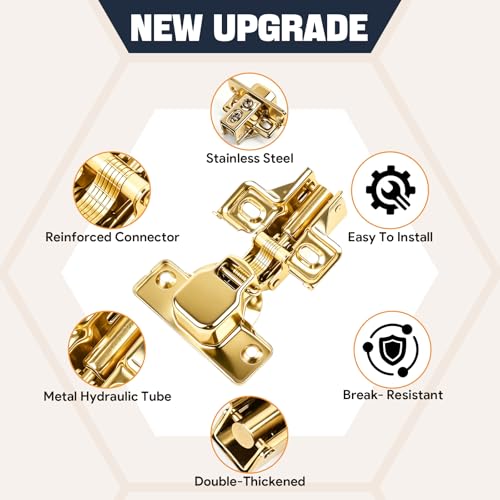 Mousike 40 Pack (20 Pair) Soft Close Cabinet Hinges, 1/2 Overlay Soft Close Hinges for Kitchen Cabinet, Stainless Steel, Built-in Damper, 100 Degree Opening Angle, 6 Way Adjustment (Gold) - color: Gold, size: 40 Pack