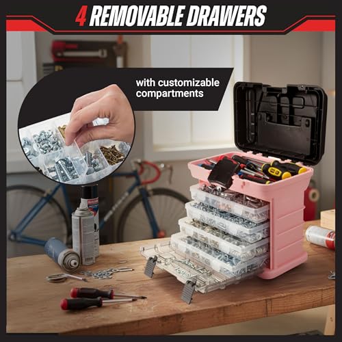 Stalwart Portable Tool Box for Women or Men, Pink, 10 x 7 x 10.5in - color: Pink
