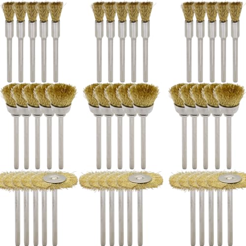 45-Piece Brass Wire Brush Set - Metal Rust Removal, Polishing, Cleaning - 1/8″ (3mm) Shaft - Removes Burrs, Dust, and Oxide Layer - Handles Rough Surfaces - Rotary Tool Accessories - style: Set of 45 Brass Wire Brushes