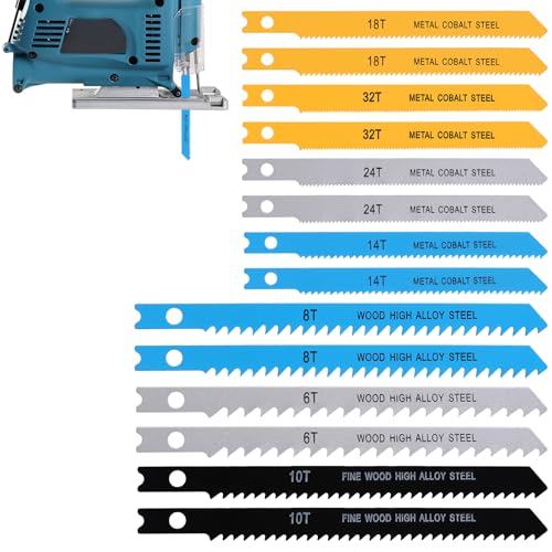 TIESOME 14Pcs U-Shank Jig Saw Blade Set, Carbon Steel Jig Saw Blades