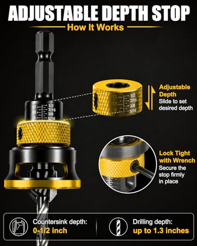 9PCS Countersink Drill Bit Set with Adjustable Depth Stopper - color: Golden, size: Standard - Manual Adjustment