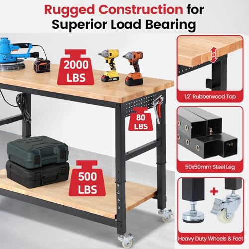 ENJOYWOOD 60" Heavy Duty Garage Workbench with Wheels, Adjustable Height