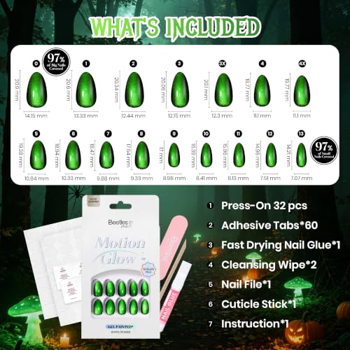 Beetles Halloween Press On Nails, Green Cat Eye Short Almond, 32 Pieces - color: 3B - Midnight Moss - S