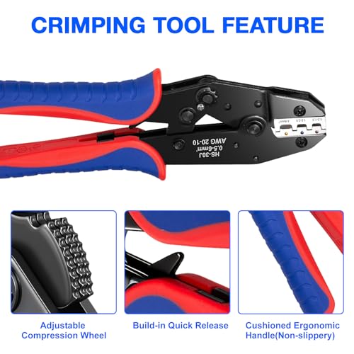 Wire Crimping Tool, Ratcheting Wire Crimper Set with 6 Replaceable Dies, Heavy Duty Crimper for Heat Shrink, Insulated Nylon, Non-Insulated, Wire Ferrules, Open Barrel Terminals and Solar Connectors