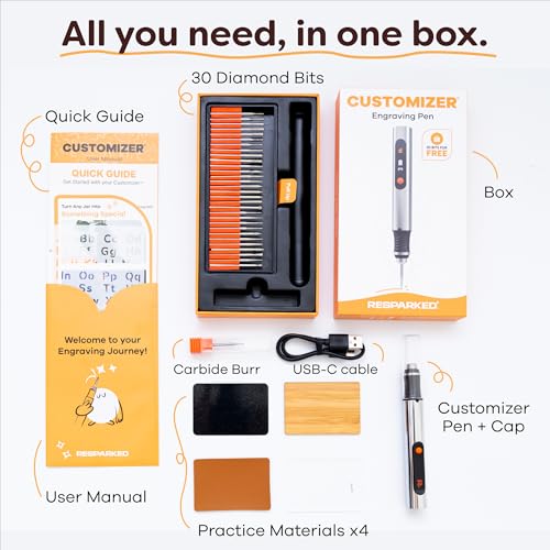 Resparked Customizer Engraving Pen Ultimate Cordless Portable Tool for Artists & DIYers - Engrave 50+ Surfaces - Beginner Friendly - Rechargeable - Free 30 Bits & Mastery Guide