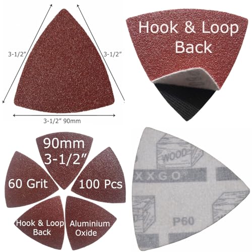 XXGO 100 Pcs 60 Grits 3-1/2 Inch Triangle Multitool Sanding Paper | 90mm , Best For Wood Sanding , Hook & Look Design , Strong Velcro - size: 3-1/2 Inch 60 Grit - 100 Pcs